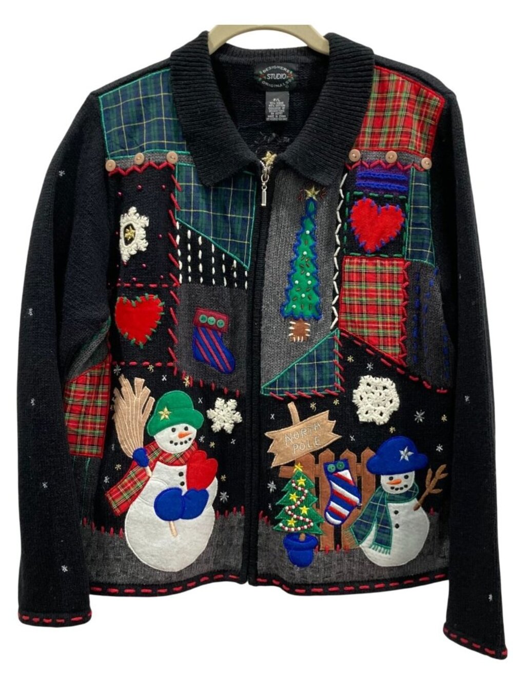 Designers Studio Patchwork Christmas Cardigan PL Black Sweater Snowman Holiday